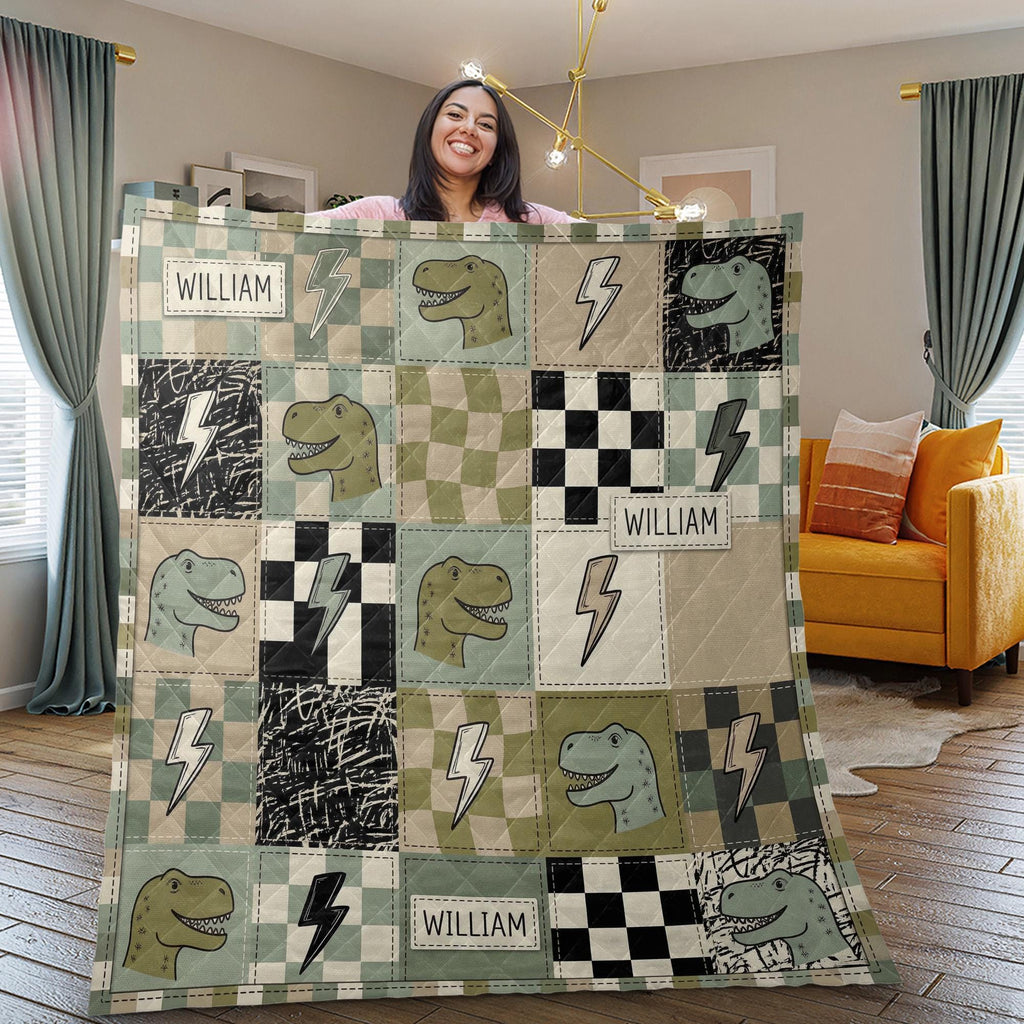 Personalized Quilt Blanket: Dinosaur Throw, Name Custom Checkered