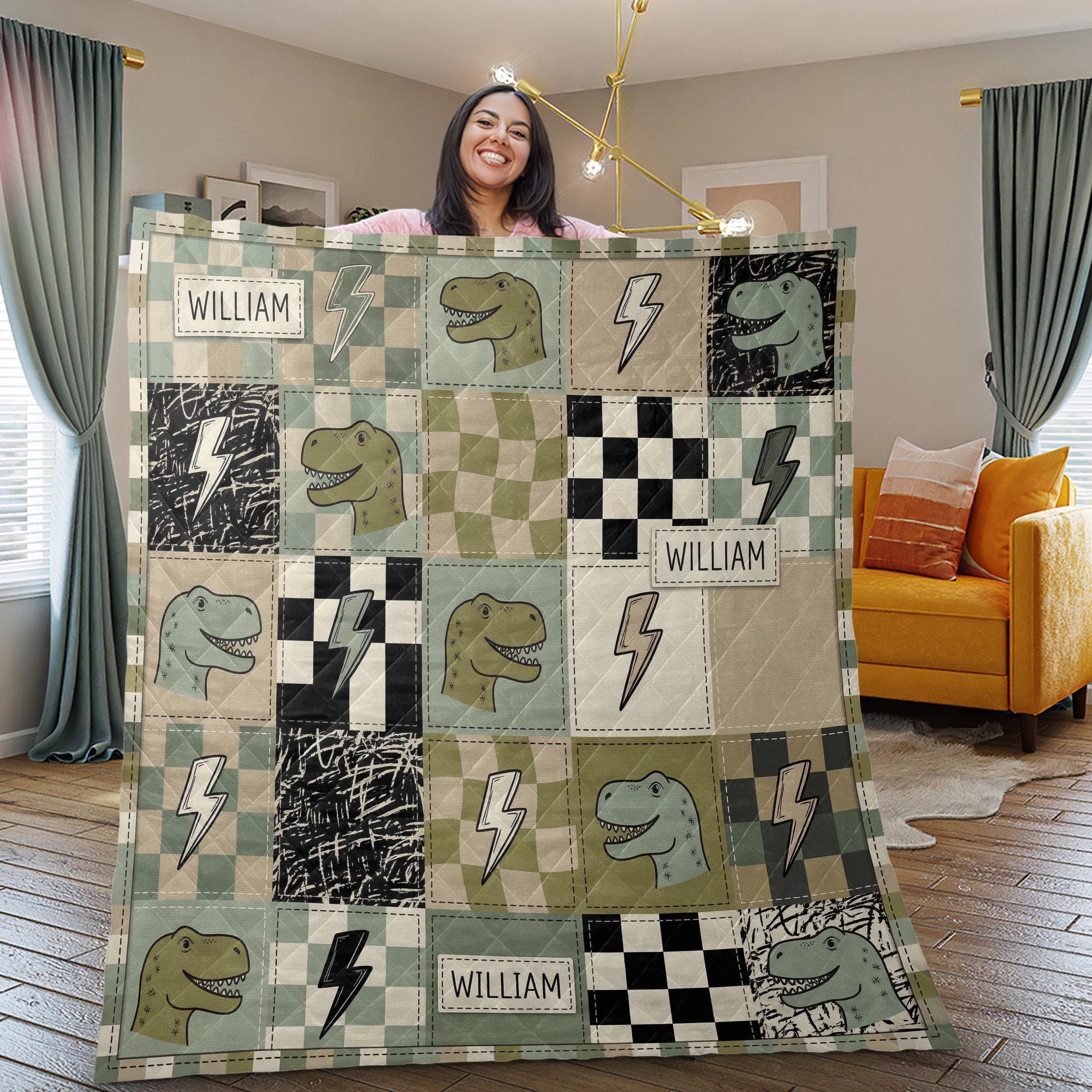 Personalized Quilt Blanket: Dinosaur Throw, Name Custom Checkered