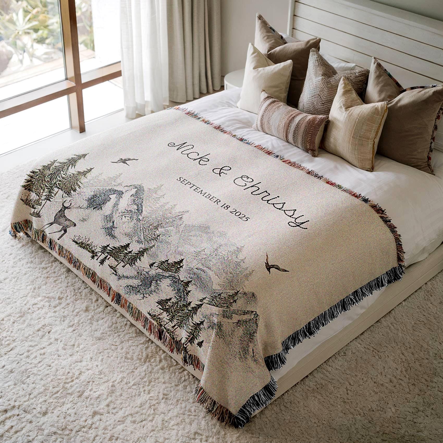 Outdoorsy Couple Blanket Nature Lovers Engagement Gift Adventure Couples Anniversary Personalized Mountain Woven Cotton Fringe Throw Blanket