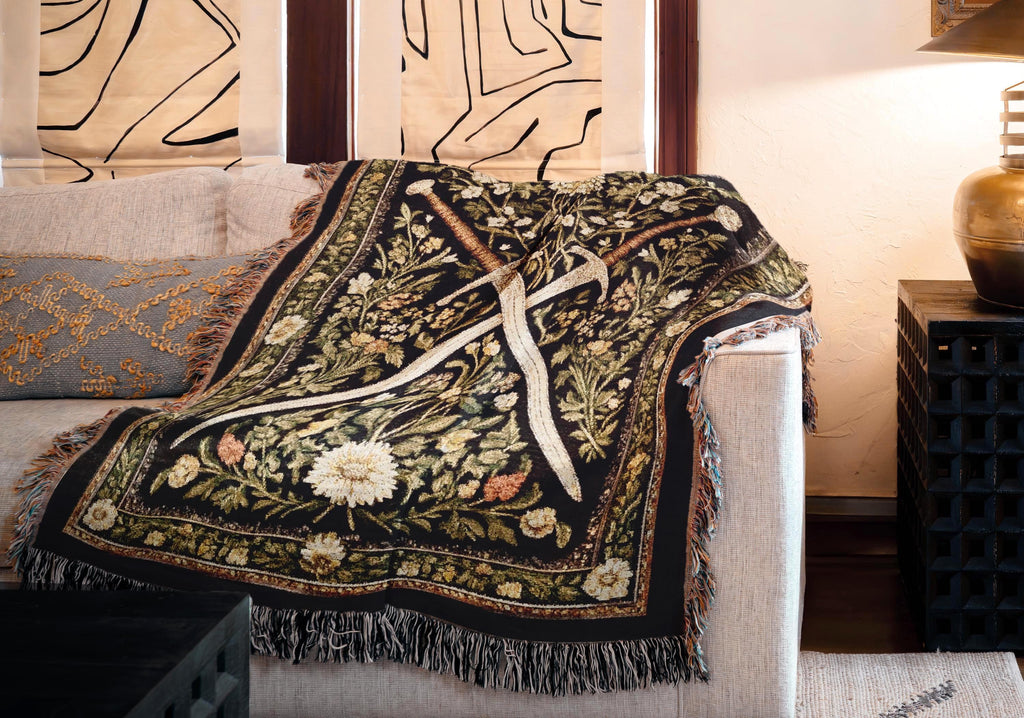 Medieval Sword Tapestry Blanket - Woven Floral Gothic Wall Art and Fantasy Decor Gift for DnD Lovers