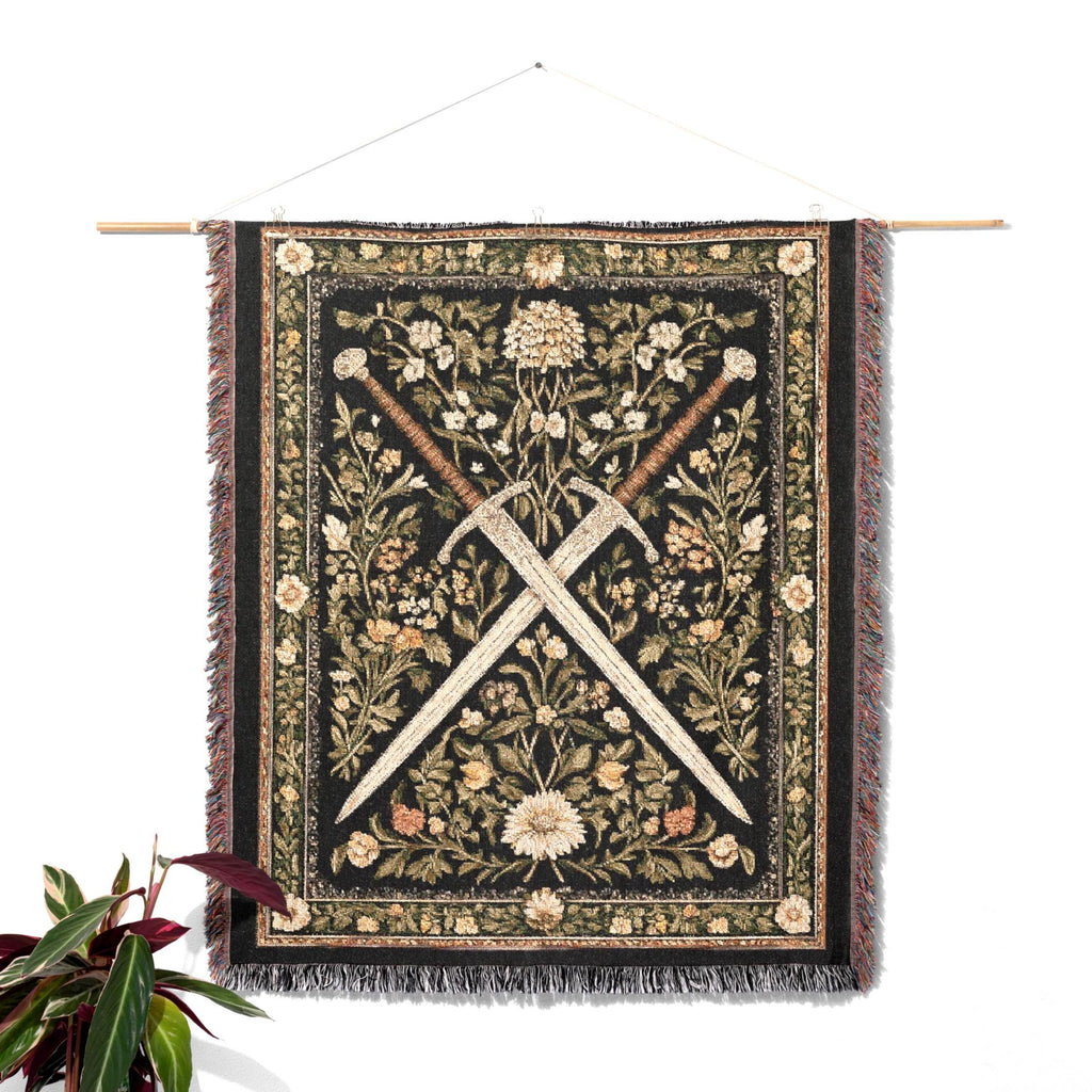 Medieval Sword Tapestry Blanket - Woven Floral Gothic Wall Art and Fantasy Decor Gift for DnD Lovers