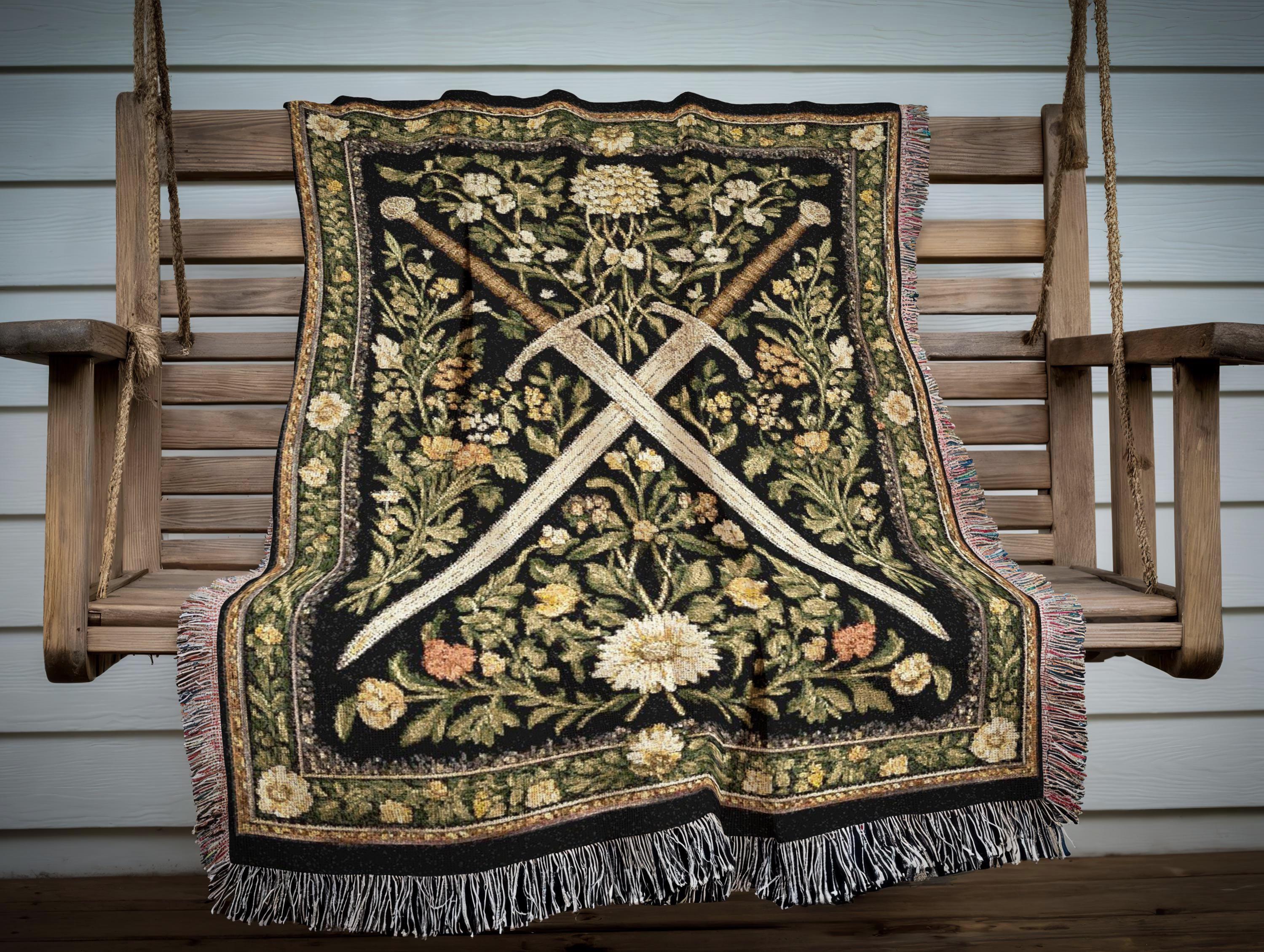 Medieval Sword Tapestry Blanket - Woven Floral Gothic Wall Art and Fantasy Decor Gift for DnD Lovers