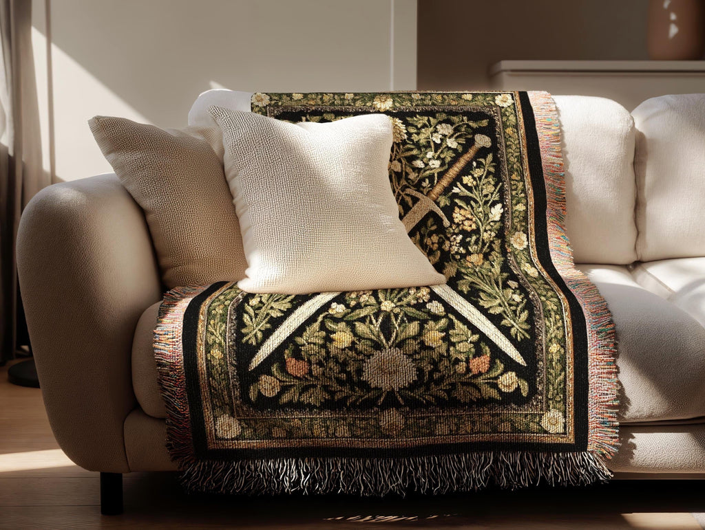 Medieval Sword Tapestry Blanket - Woven Floral Gothic Wall Art and Fantasy Decor Gift for DnD Lovers