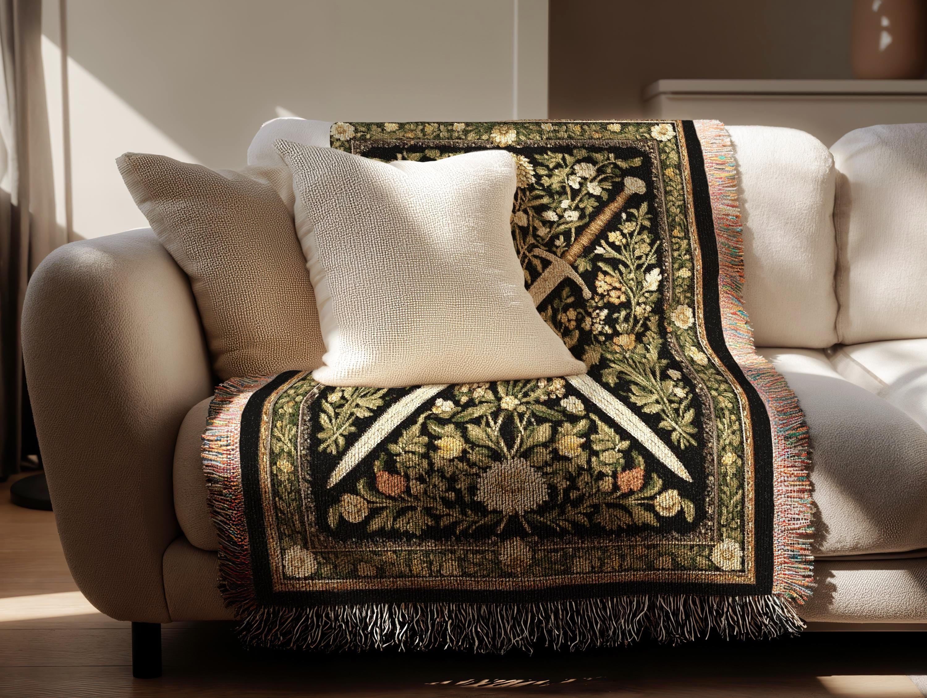 Medieval Sword Tapestry Blanket - Woven Floral Gothic Wall Art and Fantasy Decor Gift for DnD Lovers