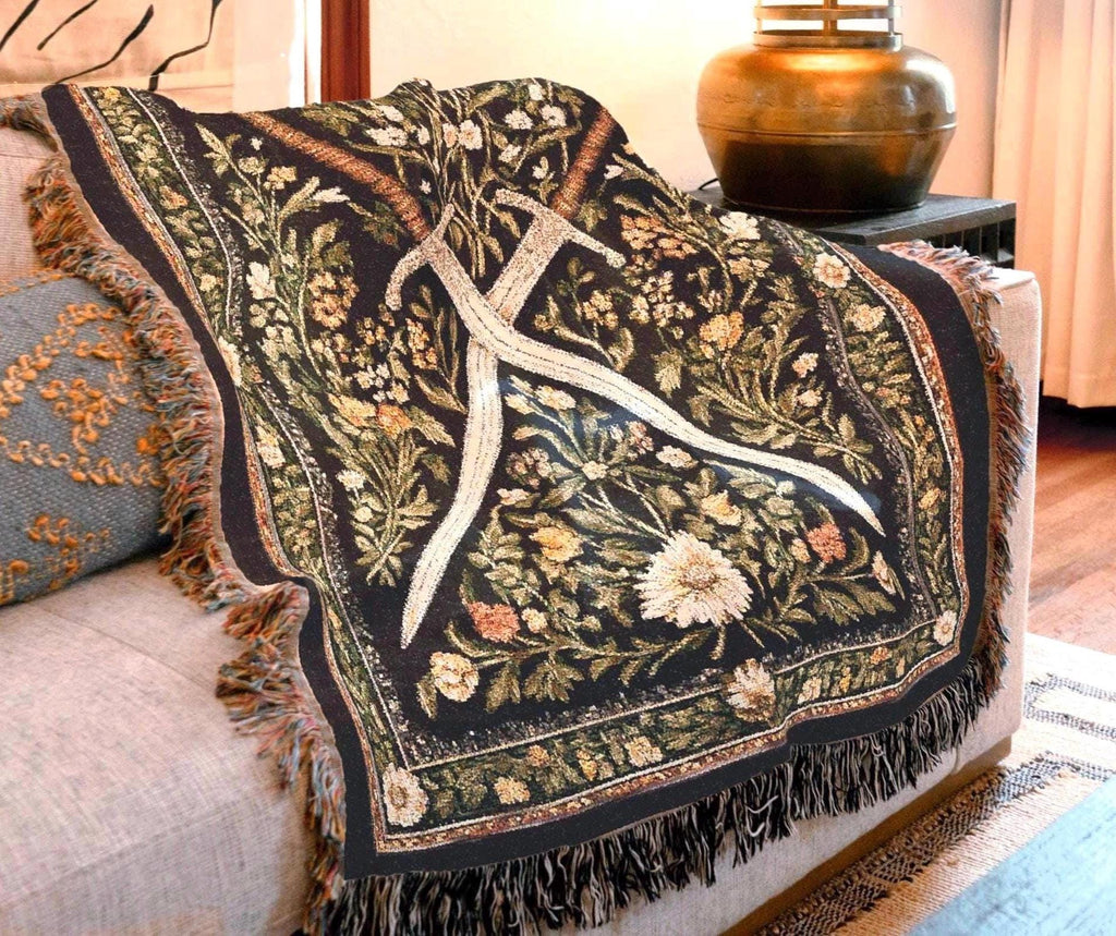 Medieval Sword Tapestry Blanket - Woven Floral Gothic Wall Art and Fantasy Decor Gift for DnD Lovers