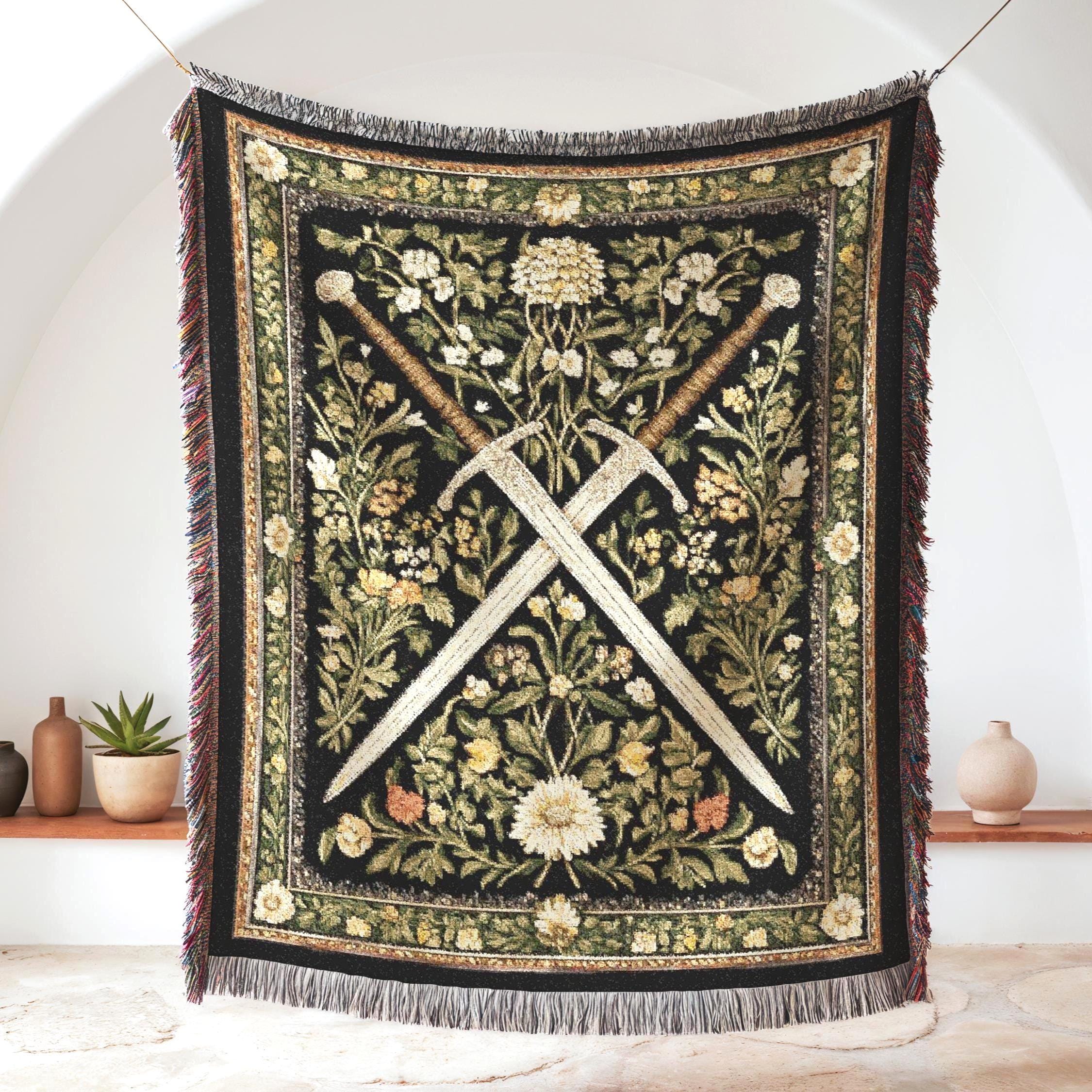Medieval Sword Tapestry Blanket - Woven Floral Gothic Wall Art and Fantasy Decor Gift for DnD Lovers
