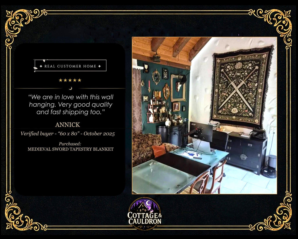 Medieval Sword Tapestry Blanket - Woven Floral Gothic Wall Art and Fantasy Decor Gift for DnD Lovers
